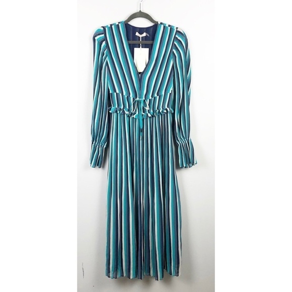 Ramy Brook Printed Hazel Striped Ruffle Long Sleeve Midi Dress Size 0 Blue Party - Picture 2 of 9